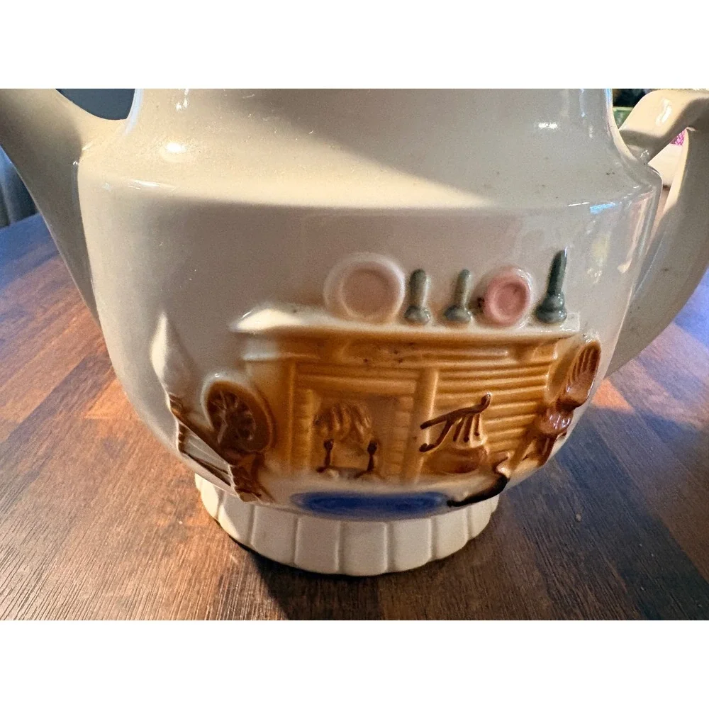 Vintage Porcelier Vitreous‎ China Teapot Raised Relief Hearth Scene Made in USA